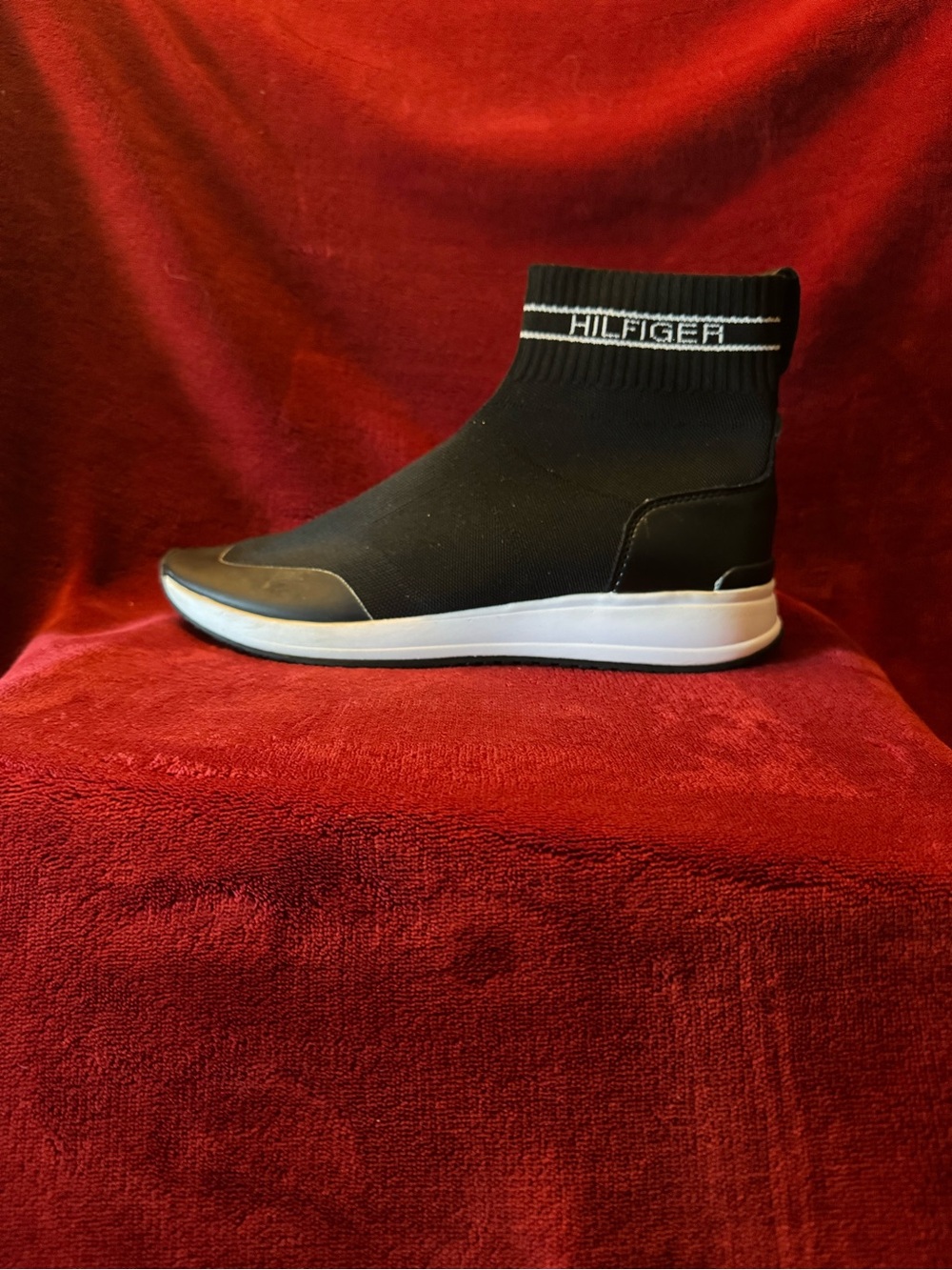 Tommy Hilfiger Black Knit Sock Sneaker with White Sole